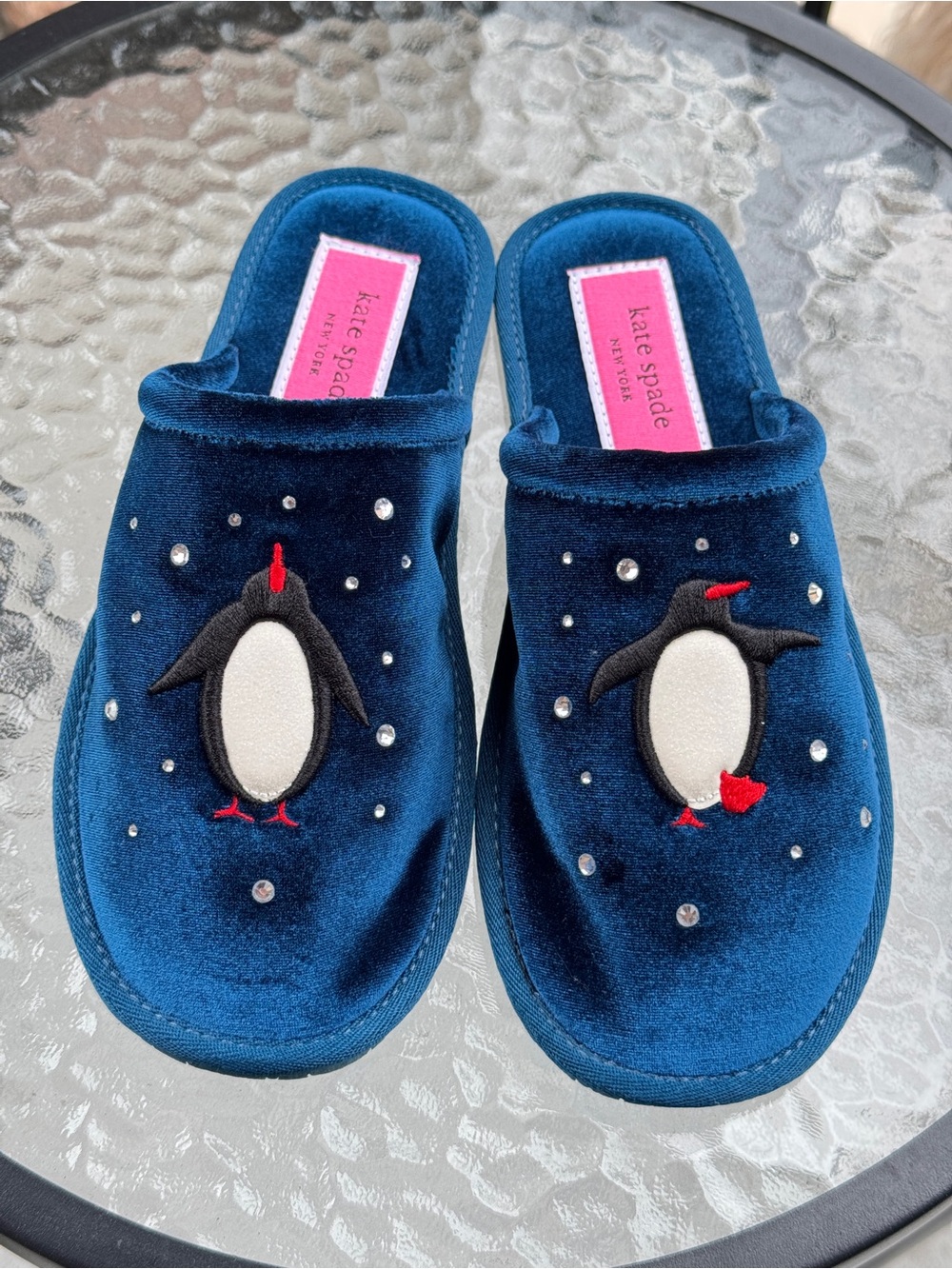 Kate Spade Penguin Slippers Blue Velvet Jolie Women Size 6 NWOB